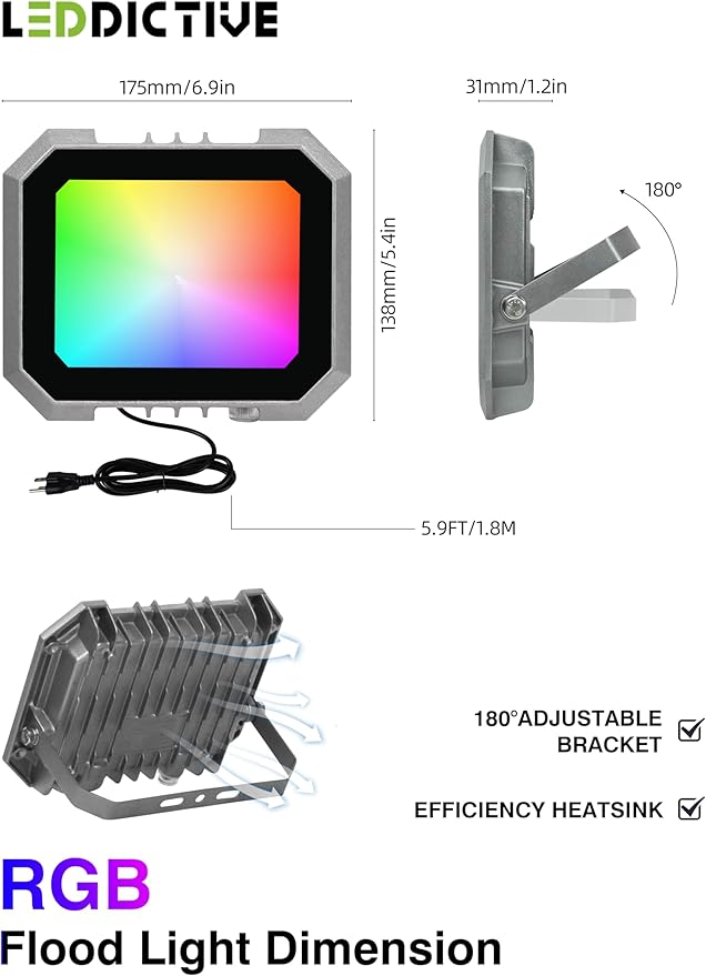 2 Pack RGB LED Flood Light 50W, 500W Equivalent 5000 LM Outdoor Landscape Flood Lights with 2 Remote, IP66 Waterproof Outdoor Light for Christmas Party Stage Uplight Wall Wash