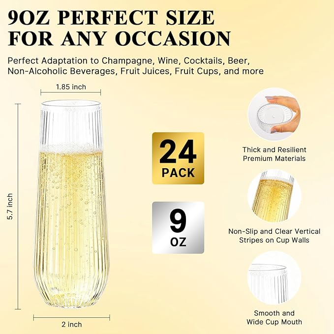 Goodluck 24pack Clear Disposable Champagne Flutes，9oz Stemless Champagne Flutes,Stemless Disposable Clear Plastic Toasting Glasses for Weddings, Birthday Parties, Family Gatherings, Bars etc