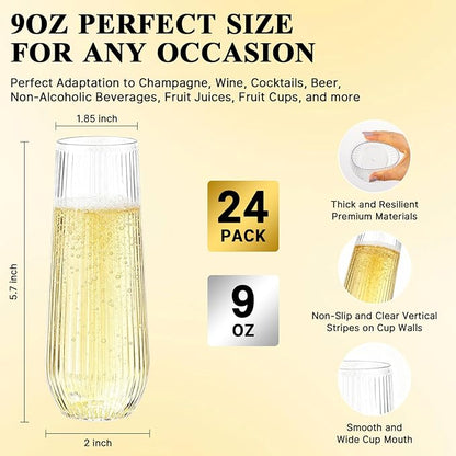 Goodluck 24pack Clear Disposable Champagne Flutes，9oz Stemless Champagne Flutes,Stemless Disposable Clear Plastic Toasting Glasses for Weddings, Birthday Parties, Family Gatherings, Bars etc