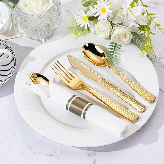 WELLIFE 400PCS Gold Plastic Silverware, Pre Rolled Silverware Set Disposable,Plastic Cutlery Includes: 100 Forks, 100 Knives, 100 Spoons, 100 Napkins, Cutlery Set Disposable for Christmas