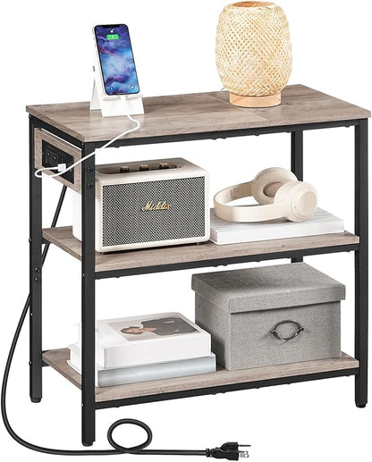 HOOBRO End Table with Charging Station, Simple Rustic Side Table with 3-Tier Storage Shelf, Narrow Nightstand for Small Spaces, for Living Room, Industrial Design, Greige and Black BG149UBZ01