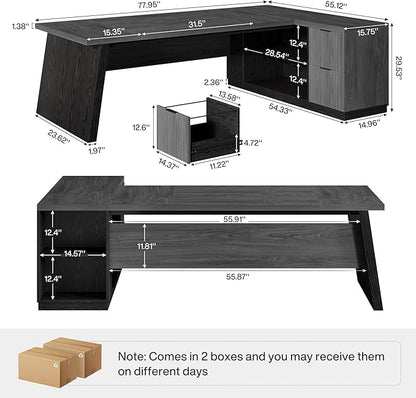 Tribesigns 78" L Shaped Desk with Drawers, Lage Office Desk with Storage Shelves, Modern Corner Computer Desk for Home Office (Gray and Black)
