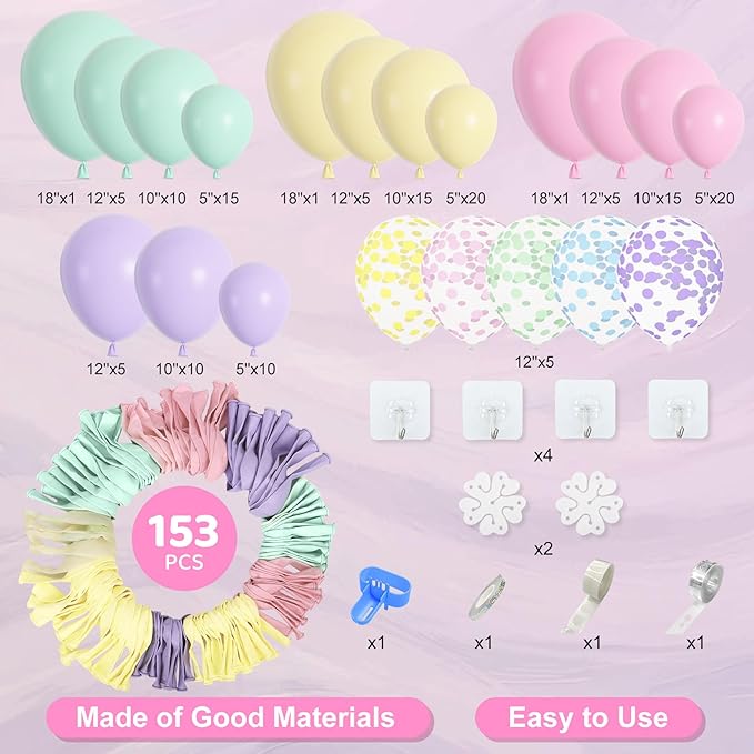 Amandir 153pcs Pastel Balloons Garland Arch Kit, Different Sizes 18 12 10 5inch Pastel Pink Yellow Green Purple Confetti Balloons for Spring Baby Shower Wedding Wildflower Birthday Party Decorations