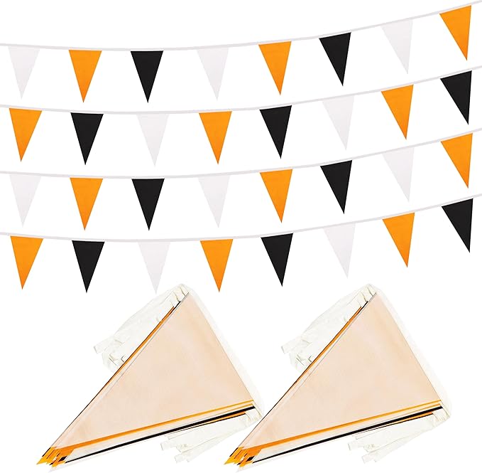 100 Ft White Orange Black Pennant Banner Flag, 60 Pcs String Hanging DIY Bunting Flags for Party, School, Birthday, Wedding, Carnival, Celebrations, Outdoor and Indoor Decorations (White Orange Black)