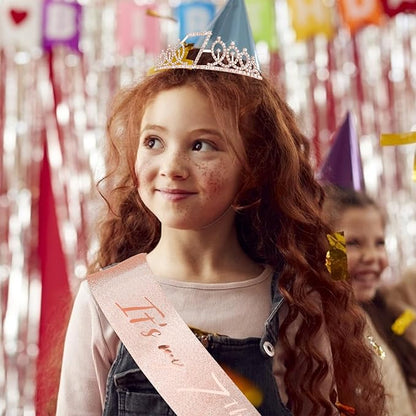 CIEHER 7th Birthday Crown + Sash + Pearl Pin Set, Girls' 7th Birthday Gifts and Happy Party Decorations