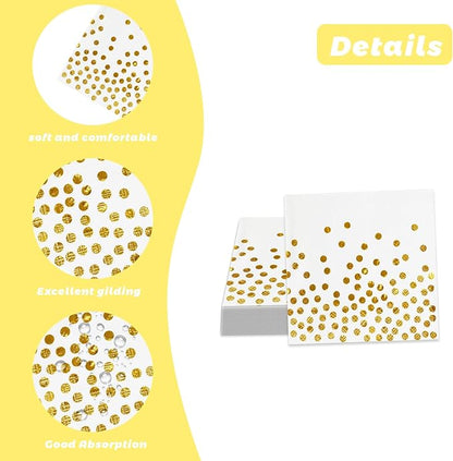 100 Pcs 6.5x6.5 Inch Disposable White Gold Paper Napkins for Cocktail