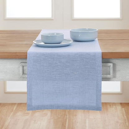 Solino Home Linen Table Runner 48 Inches - 100% Pure Linen Chambray Blue Table Runner 14 x 48 Inch Ideal for Dresser and Coffee Tables - Athena - Christmas, Winter