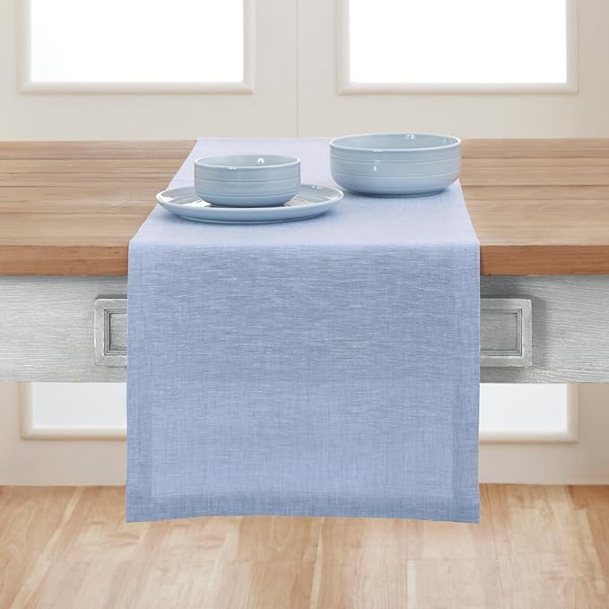 Solino Home Linen Table Runner 90 Inches Long - Athena, 100% Pure Linen Chambray Blue Table Runner 14 x 90 Inch for Dining, Christmas, Winter, New Year