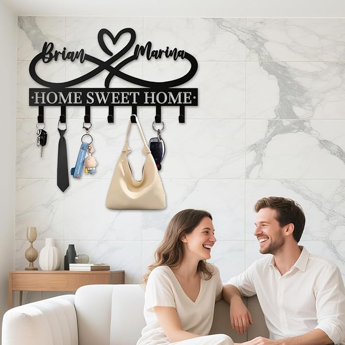 Personalized Key Holder for Wall - Custom Couple's Name with Love Symbol - Metal Key Holde Wall Mount Hooks for Bedroom Entryway, Couples Gifts, Home Sweet Home Decor (03-Love)
