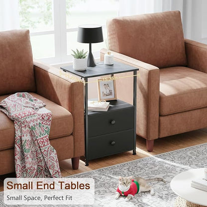 Night Stand Set 2, Black Nightstand with Charging Station, End Tables with Storage Shelf for Small Spaces, Bedside Table Side Tables with 2 Fabric Drawers for Bedroom, HETS020BK