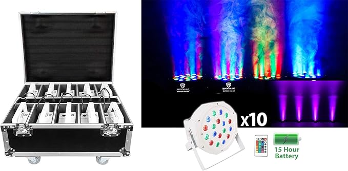 Rockville BATTERY PAR PACK 50 WHITE 20W Rechargeable Wash Lights (10), RGB Color Mixing, Wireless DMX, Remote Included, for DJs and Event Lighting