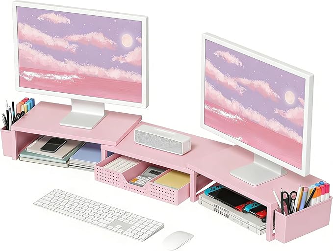 OPNICE Desk Organizers and Accessories, Dual Monitor Stand Riser with Drawer and 2 Pen Holders, Desk Shelf Wood Computer Racks for Office Workspace Organizers, Desktop Organization (White Wood)