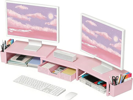 OPNICE Desk Organizers and Accessories, Dual Monitor Stand Riser with Drawer and 2 Pen Holders, Desk Shelf Wood Computer Racks for Office Workspace Organizers, Desktop Organization (White Wood)