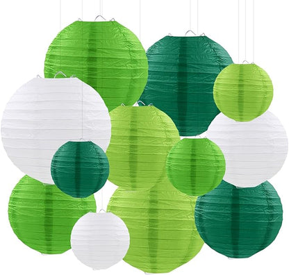 Green Paper Lanterns Party Decorations, Round Hanging Lanterns for Jungle Safari Party Supplies St. Patricks Day Decoration (12 PCS)