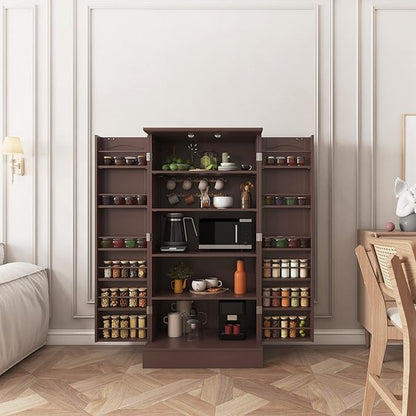 47” Pantry Cabinet, Kitchen Pantry Storage Cabinet with Doors & Adjustable Shelves, Brown Freestanding Buffet Cupboards Sideboard for Living Room and Dinning Room, Sturdy and Durable