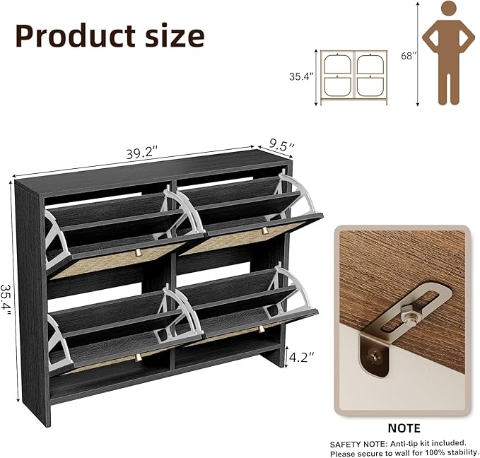 Nicetree Shoe Cabinet Storage for Entryway, 4-Flip Drawer Narrow Shoe Rack, Organic Modern Rattan Shoe Organizer with Gold Legs, Shoe Organizer Fits Men's Size 13.5, Black