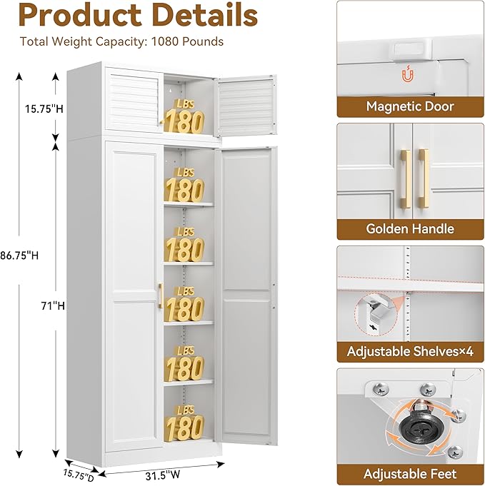Kitchen Pantry Cabinet, 86 Inch Tall Metal Storage Cabinet, Metal Pantry cabinets with Doors and Shelves, White Storage Cabinets for Living, Dining, Office, Bathroom, Garage, Assembly Required
