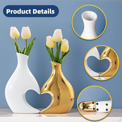 White and Gold Vases Set of 2, Modern Vases Home Decor, Heart Vase Ceramic Gold Decor, Pretty vases for Flowers, Decorative vase Table Centerpieces