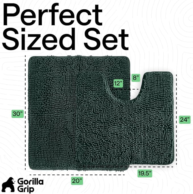 GORILLA GRIP Bathroom Rug Sets, Soft Chenille 2 Piece Area Rugs Set, Toilet Base Mat and 30x20 Carpet, Absorbent Microfiber Washable Mats Dry Quickly, Home Décor and Bath Room Accessories, Hunter