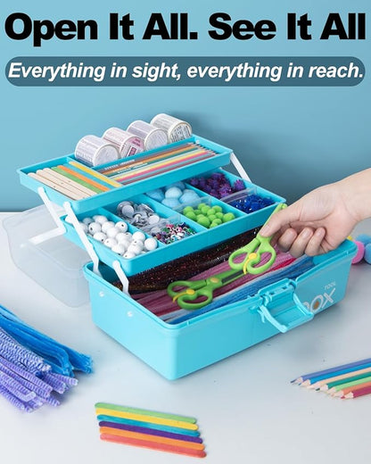 12in 3-Layer Plastic Craft Organizers and Storage, Portable Folding Tackle Box with Handle & Adjustable Dividers, Multipurpose Case for Sewing, Art Supplies, Medicine, Tools (Blue)