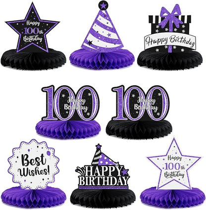 Happy 100th Birthday Decorations,100th Bday Purple Glitter Shiny Stand Honeycomb Table Centerpieces - Cheers to 100 Years Old Birthday Party Photoprop Gift Sign.