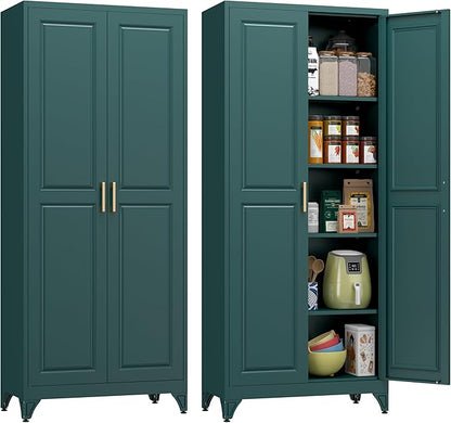 Metal Storage Cabinet,75" Tall Kitchen Pantry Storage Cabinet with Doors and Adjustable Shelves, Green Metal Pantry Cabinets, Large Cupboard for Kitchen, Dining Living Room, Bathroom, Office