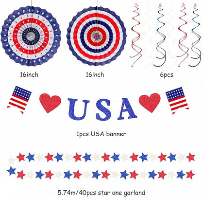 Red-White Blue Memorial-Day Patriotic Decorations - 21pcs 4th Fourth of July Americana Banner Garland,Independence Party Decor Paper Streamers Lanterns,Flower Tissue Pom Poms Fan Supplies Huglony