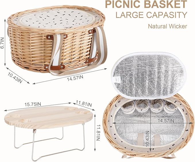Picnic Basket Set for 4 - Wicker Insulated Picnic Basket with Folding Wine Table, Wine Picnic Kit with Liner for Couples, Camping, Outdoor, Valentine (Cherry)