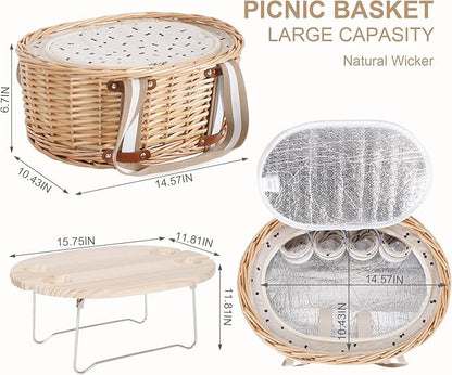 Picnic Basket Set for 4 - Wicker Insulated Picnic Basket with Folding Wine Table, Wine Picnic Kit with Liner for Couples, Camping, Outdoor, Valentine (Cherry)