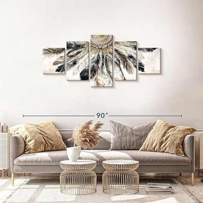 ElephantStock - Necklace Of Feathers Iii Wall Art - Horizontal Multi Panel Canvas - 5 Piece Living Room Wall Decor - Painting Multi Piece Wall Art - Brown And Gray Decor by Eva Watts - 68" x 30"