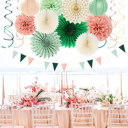 Sage-Olive Green Pink-Beige Boho Party-Decorations - 33pcs Birthday Streamers Tassel Garland,Banner Tissue Pom Poms,Paper Lantern Fans,Rustic Neutral Wedding Baby Bridal Shower Engagement Decor Hugtmr