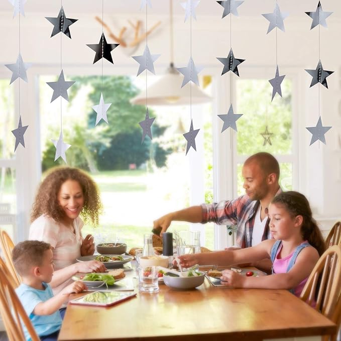 Patelai Glitter Star Garland Banner Christmas Decor 130 Feet Star Hanging Bunting Banner Twinkle Backdrop for Homecoming Classroom Wedding Birthday Halloween Party Supplies(Silver)
