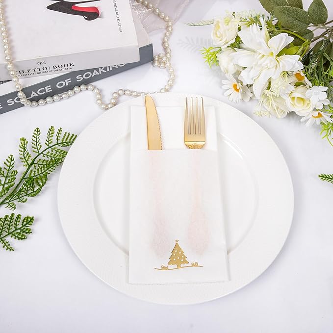 100PCS Christmas Napkins Disposable - Gold Paper Napkins with Built-in Flatware Pocket Prefolded Cloth Like - Heavy-duty Linen-Feel Dinner Napkins for Christmas & Party