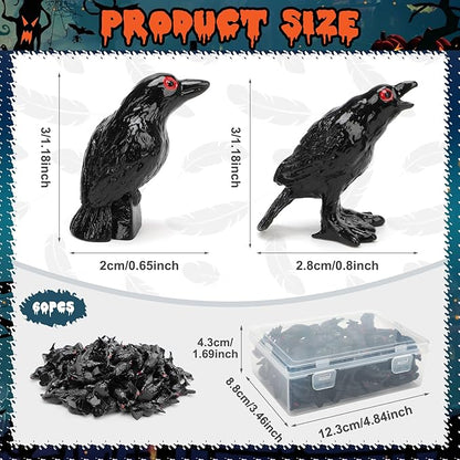 60pcs Mini Black Crow Decor, Miniature Resin Fake Crow Halloween Decor Tiny Black Birds Cake Topper Raven Figurine Halloween Ravens Decoration for Holiday Scene Micro Landscape Spooky Party