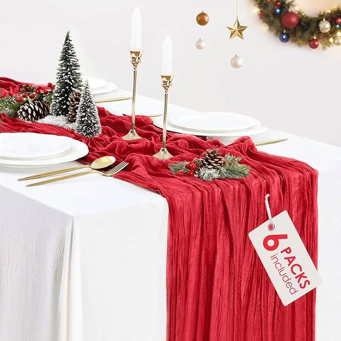 6 Pack Red Cheesecloth Table Runner Gauze Christmas Table Runner 35x120 Inch Rustic Boho Cheese Cloth Sheer Runner for Wedding Baby Shower Bridal Shower Birthday Party Holiday Decorations