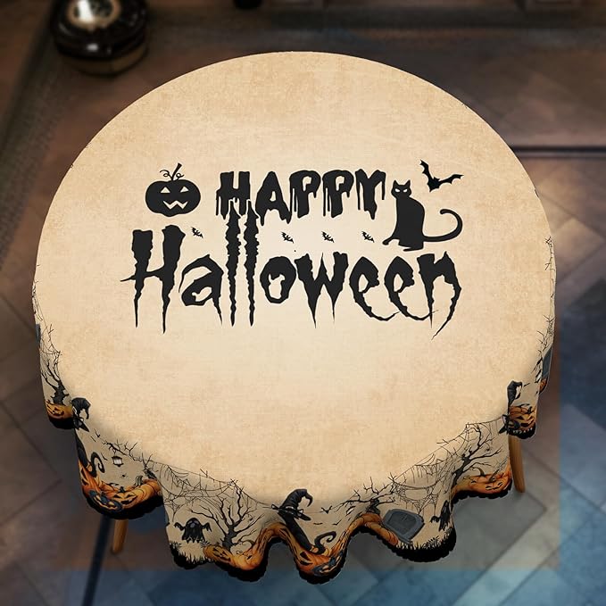 Eikione Round Tablecloth 60inch, Tablecloth Pumpkin Bat Waterproof and Wrinkle-Free, Table Covers, Summer Decorations for Home Dining