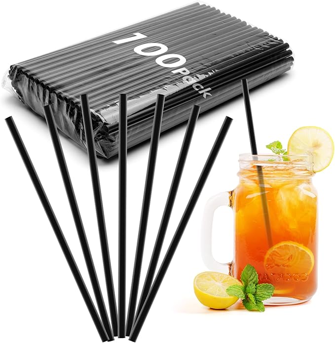 100 PCS Black Plastic Disposable Drinking Straws – 7.75" x 0.24", Unwrapped Straws Plastic for Party, Home, Travel – BPA-Free, Value Pack