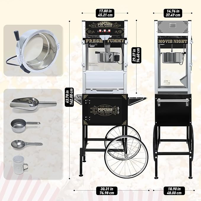 Commercial 20 Oz Popcorn Machine with Cart - 100 Cups, Stainless Steel Kettle, Warming Light - Portable Popper for Home Theater & Parties, Sleek Black