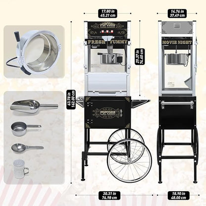 Commercial 20 Oz Popcorn Machine with Cart - 100 Cups, Stainless Steel Kettle, Warming Light - Portable Popper for Home Theater & Parties, Sleek Black