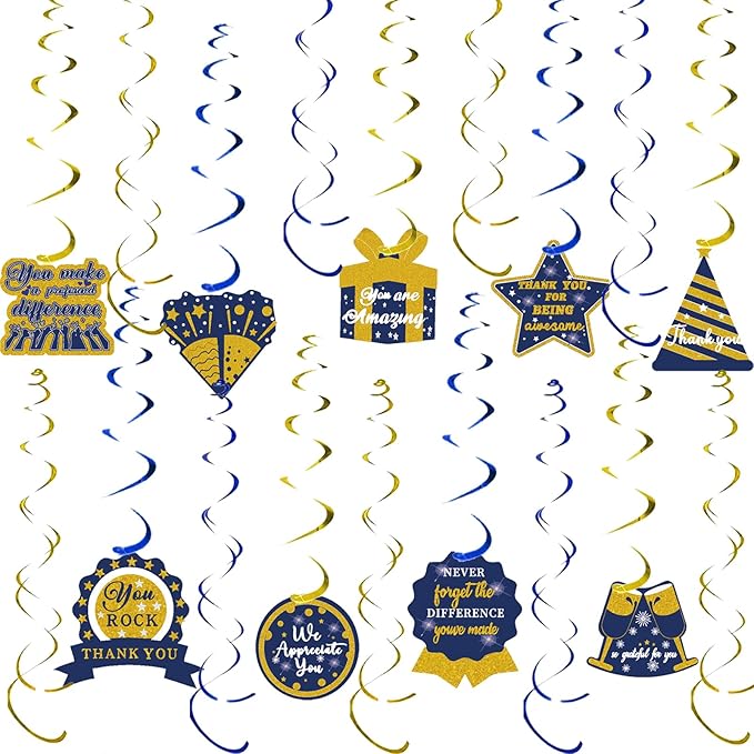 28PCS We Appreciate You Hanging Swirls Blue Gold Glitter Thank You Foil Swirl Decor Teacher Doctor Nurse Employee Staff Graduation Appreciation Ceiling Hanging Decor Party Decorations