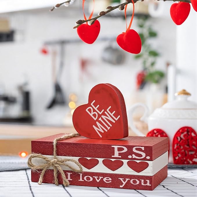 Smile Valentine's Day Wooden Book Decor, Be Mine, I Love You, Heart - Themed Shelf Signs, Valentine Indoor Decoration