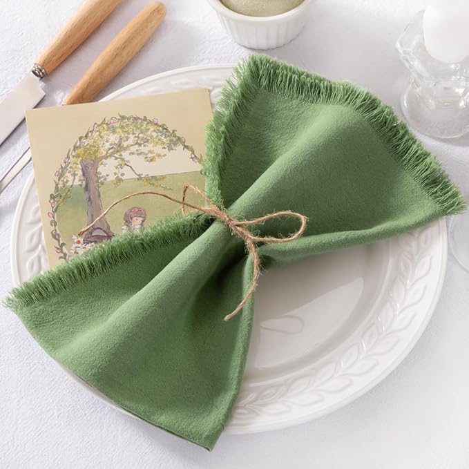 12 Pack Sage Green Cotton Linen Napkins with Fringe Christmas Cloth Napkins Set of 12 Boho Handmade Holiday Napkins Bulk for Wedding Baby Shower Xmas Dinner Table Parties, 17 x 17 Inches