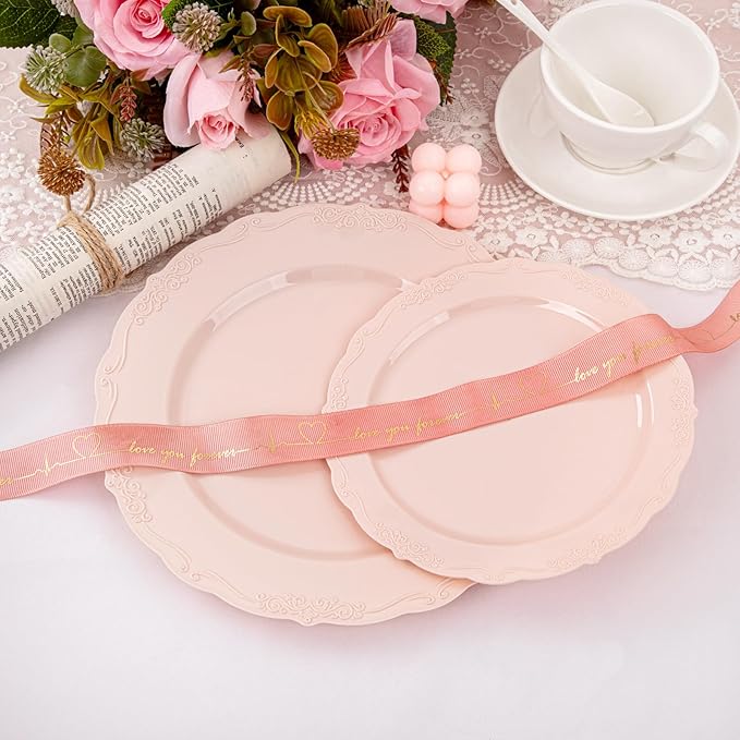 U-QE 100PCS Mauve Pink Plastic Plates - Plastic Party Plates Disposable Heavy Duty - Pink Disposable Plates for Party Including 50PCS 10'' Dinner & 50PCS 7.5'' Dessert