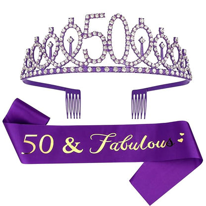 Purple 50th Birthday Gifts for Women, 50th Purple Birthday Decorations Women, 50th Birthday Sash, 50th Birthday Tiara, 50th Birthday Crown, Purple Crowns for Women, 50th Birthday Sash and Tiara for Women, Happy 50th Birthday Party Favors Cake Topper