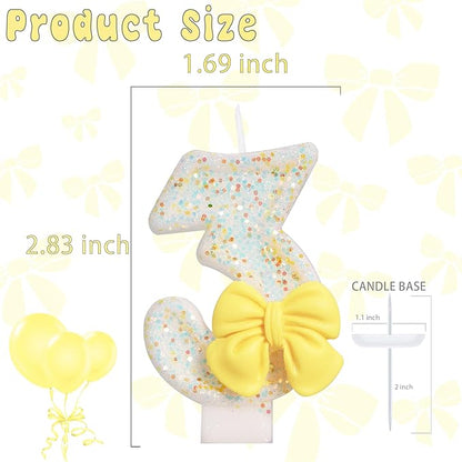 Birthday Candle for Cake, Yellow Bow Cake Candles, Cake Topper Decoration for Birthday Party (Number 3)
