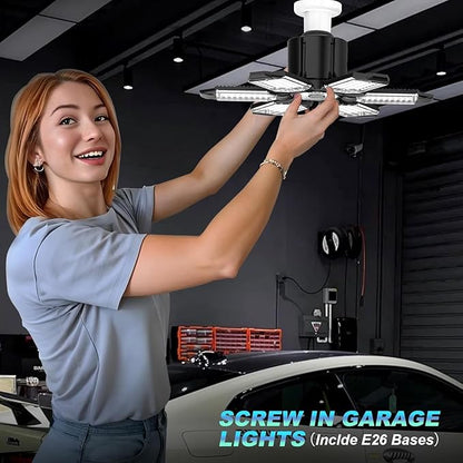 Led Garage Lights 2 Pack 200W Super Bright Ceiling Led Shop Lights, E26/E27 Base, 6500K, 22000LM Deformable Light Ideal for Basement, Attic and Workshop