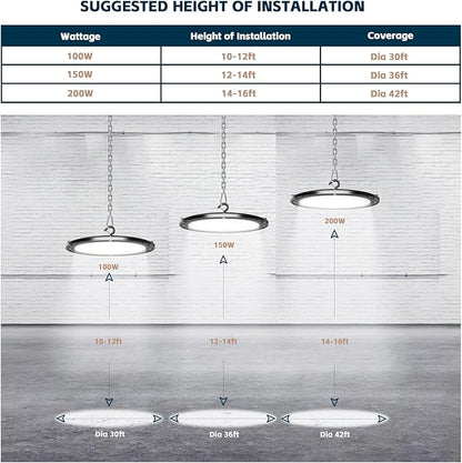 UFO LED High Bay Lights 200W 28000LM with US Plug 5ft Cable 5000K AC100-277V High Bay LED Shop Lights Commercial Warehouse Workshop Factory Barn Garage Lighting Fixture 8 Pack