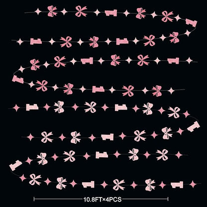 Pink Bow One Birthday Decorations Pink Glitter Paper Star Bow 1st Hanging Garland Streamer Banner for Happy First Birthday Baby Girl Bday Decor or 1st Anniversary Party Decorations Supplies