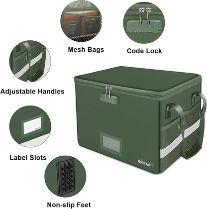 ENGPOW File Box with Lock, Fireproof Document Box with Zipper Lid, Collapsible File Storage Organizer Filing Cabinet with Handle, Portable Home Office Safe for Hanging Letter/Legal Folders, Green