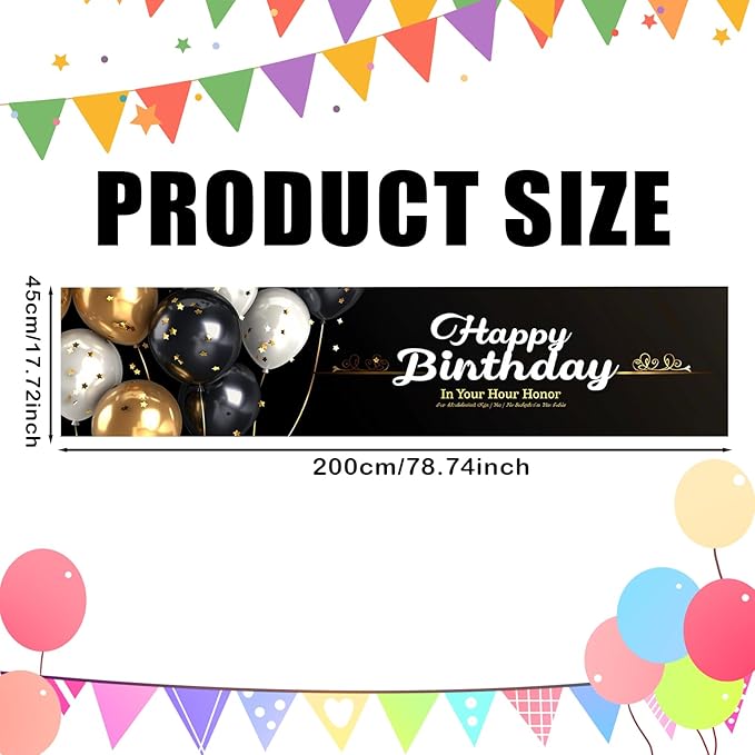 Nuxovilar Happy Birthday Banner Decorations 17.72x78.74 Inch Black Gold Balloon Theme - Polyester for Indoor Outdoor Birthday Party Decor